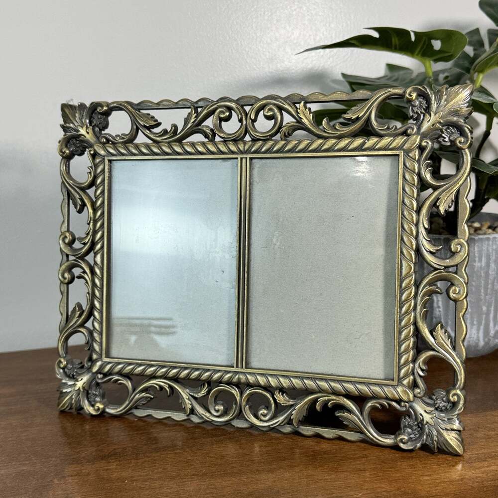 Vintage Style Ornate Double Picture Frame Antique Gold Finish Desktop Display